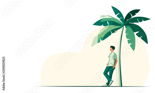  man leaning against a palm tree