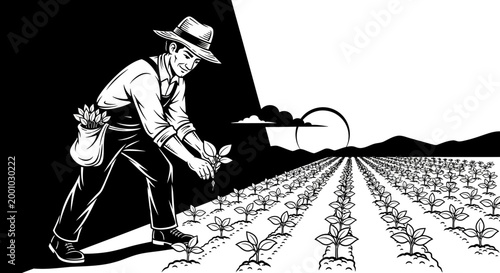 Farmer planting seeds in a field.