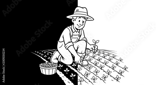 Farmer planting seedlings in garden.