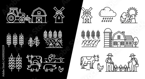 Agricultural icons and farm symbols.