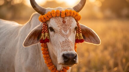 cow adorned with marigold garland and henna in golden light