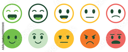 Feedback emoticons face icon set, happy and sad reactions, good and bad review emojis, mood face rating symbols for survey, customer satisfaction and user experience feedback vector