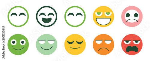 Feedback emoticons face icon set, positive happy and negative sad reaction icons, customer review rating mood faces, survey satisfaction scale symbols