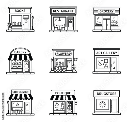 Set of vector icons representing various storefronts with building business boutique restaurant drugstore pharmacy commerce storefront exterior illustration collection architecture