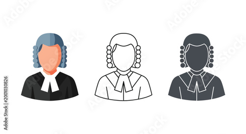Vector graphic illustration of judges icons in different styles and colors for legal designs