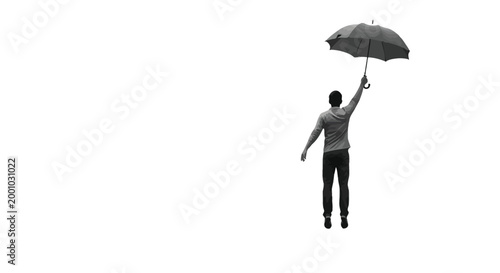 Man floating in air holding open umbrella for protection and balance in a surreal scene