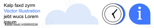 Time management, digital tools, information sharing, clarity, simplicity, data . A cloud shape, clock icon and information symbol with accompanying text. Time management and digital tools focus