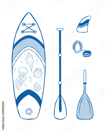 Outline clipart of stand-up paddle board with paddles. Hand-drawn vector elements for SUP boarding. Summer water activity, sport equipment, adventure and extreme hobby. 