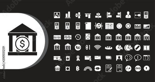 A collection of various financial and business icons displayed on a black background with a large bank icon on the left