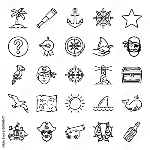 Collection of pirate and nautical themed outline icons ships anchors compasses treasure chests with question mark treasure chest shark fin palm tree nautical lighthouse telescope spyglass