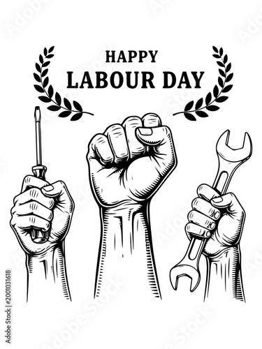 Labour Day, Happy Labour Day, Fist with tools, Workers rights, Labor Day vector