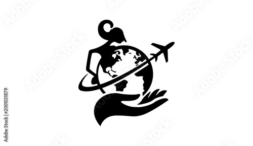 Airplane flying around globe in hand icon vector global travel tourism concept