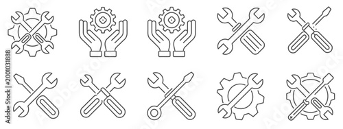 Gear settings and tools icon collection, service engineering symbols representing configuration, maintenance, and technical support, vector