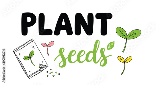 Plant seeds, gardening icons, green sprouts, seed packet, vector illustration