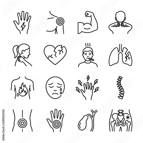 Medical pain and illness icons with lightning forehead thermometer respiratory distress gallbladder skeleton illustration collection background