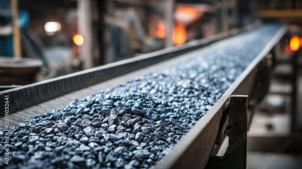 Fototapeta premium Industrial conveyor belt transporting coal ore in a mining processing plant