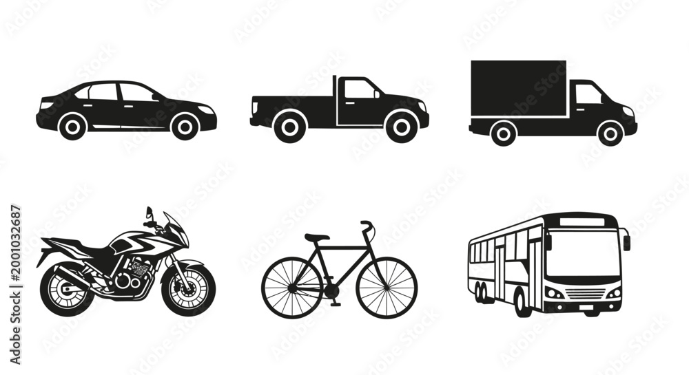 Naklejka premium Vehicles including a car, truck, van, motorcycle, bicycle, and bus represent a diverse collection of modern transportation icons.