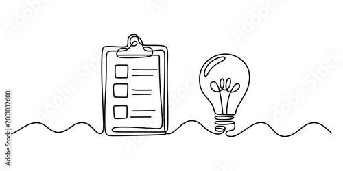 Continuous line drawing of clipboard and light bulb icon