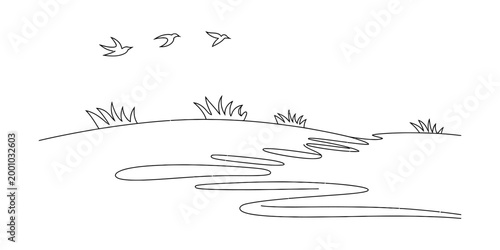Simple line drawing of birds flying over a winding river