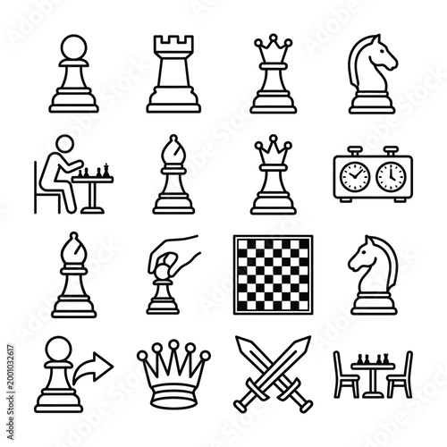 Chess game icons set with strategy checkmate thinking competition gameplay abstract illustration opponent intellect recreation