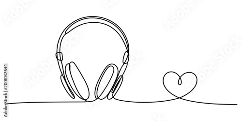 Continuous one line drawing of headphones with a heart