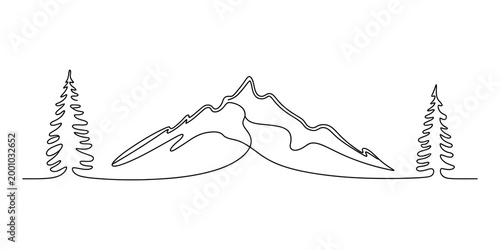 Continuous one line drawing of mountains and pine trees