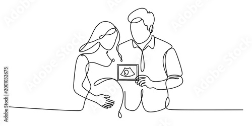 Continuous line drawing of pregnant couple with ultrasound
