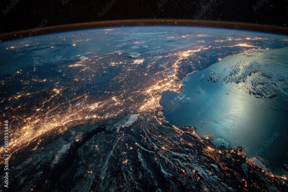 Fototapeta premium Nighttime Earth from Space: Glowing Cities and Frozen Landscapes