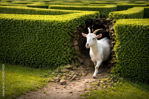 A white goat comes out of the passage in a green labyrinth.