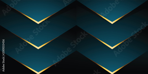 Abstract dark teal and black geometric background with elegant gold metallic chevron lines. Premium luxury design perfect for corporate branding, high-end presentations, and modern tech aesthetics.