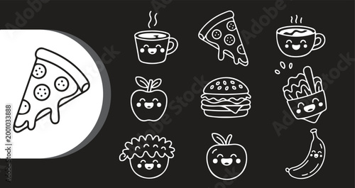 A collection of cute food icons including pizza apple banana and coffee on a black background
