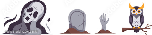 Spooky Halloween Scene with Ghost, Zombie Hand, Gravestone, and Owl for Haunted Graveyard Decorations