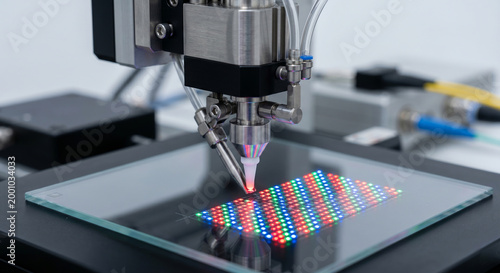 Precision dispensing machine applies material onto micro LED display panel in manufacturing process.