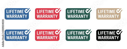 Lifetime warranty badge vector set, product guarantee seals and quality assurance labels representing trust, certification, protection, and customer confidence for branding and packaging design