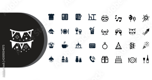 A collection of various party icons and symbols on a white background with a black banner