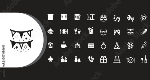 A collection of white icons on a black background representing various party and celebration symbols