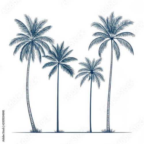 Illustration of four palm trees with detailed trunks and fronds against a white background scene