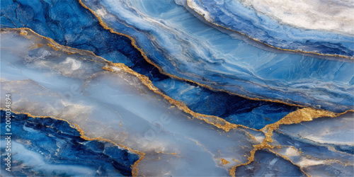 Abstract rendering of blue-hued stone displaying a fluid, organic pattern with veins of gold. A unique mineral stone with elegance and charm.