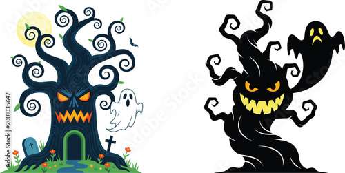 Spooky Halloween Tree with Ghosts, Bats, Full Moon, and Creepy Faces for Haunted House Decorations