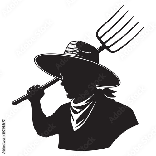 Silhouette of a farmer wearing a hat and bandana holding a pitchfork.