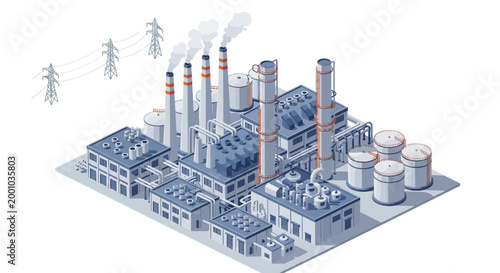 Isometric illustration of a substantial industrial complex, featuring factories, smokestacks with emissions, and power lines, depicting modern energy infrastructure and manufacturing