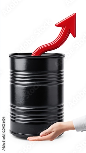 Oil barrel with rising red arrow on white background