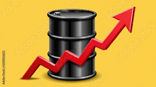 Oil barrel with rising red arrow on yellow background