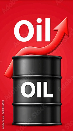 Oil barrel with upward arrow graphic on red background