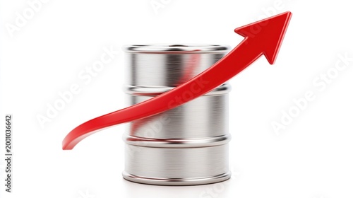 Oil barrel with red upward arrow indicating rising price