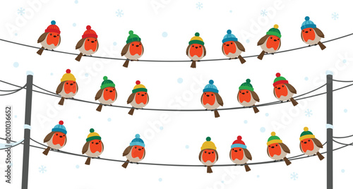 Winter Birds in Colorful Hats on Power Lines, Snowy Scene for Holiday and Christmas Decorations