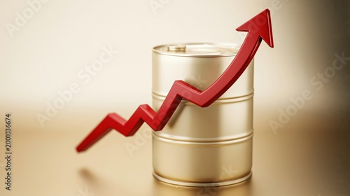 Gold oil barrel with rising arrow on neutral background