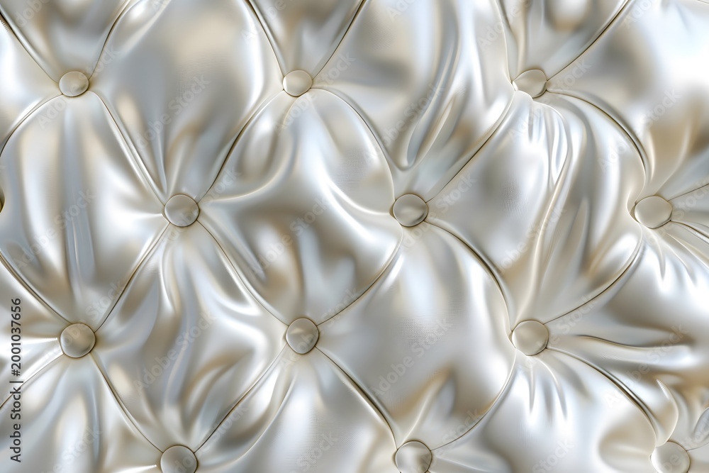 Fototapeta premium Close-up of a luxurious white satin upholstery with diamond tufting and pearl buttons.