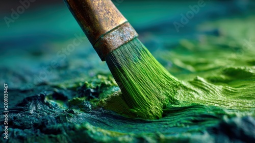 Close-up macro of a paintbrush applying thick textured green oil paint onto a canvas