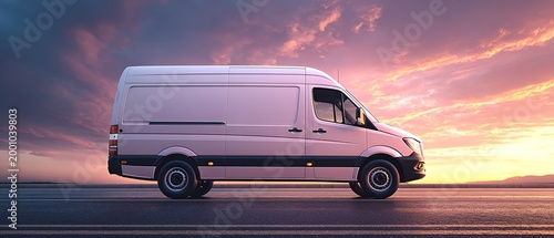 A white van is driving down the street at speed with a blurred background in the color of a yellow sunset. Concept of cargo transportation, goods delivery